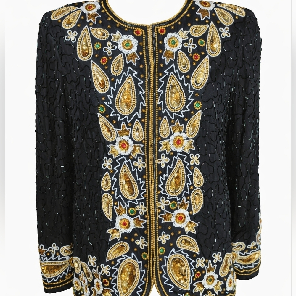 Laurence Kazar Vintage 80s Silk Beaded Sequin Blazer Jacket Cardigan Medium‎